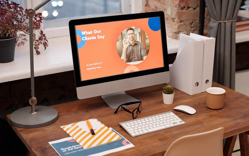 home computer with marketing information on screen