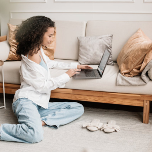 woman working on laptop at home