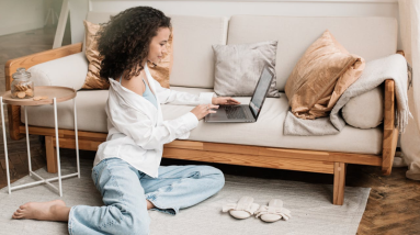 woman working on laptop at home